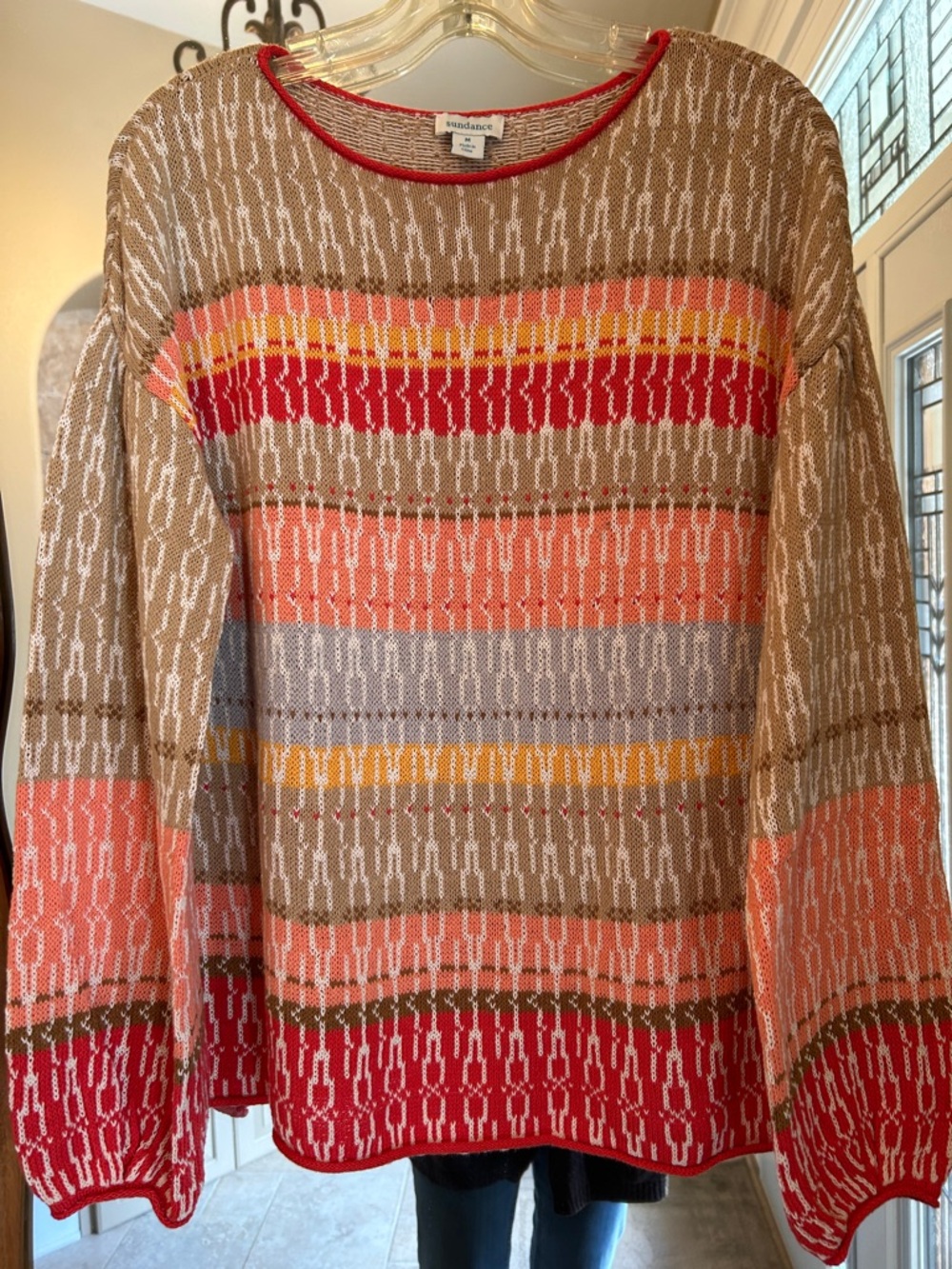 Sundance Coral, Red and Tan Striped Linen/Cotton Knit Sweater
